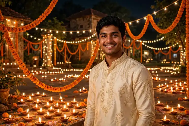 Boy in a traditional Diwali kurta look with diyas – Diwali Gemini photo prompt example