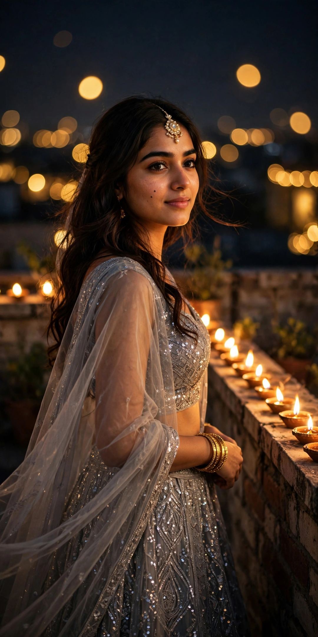 Result of Prompt 2 – silver lehenga rooftop look