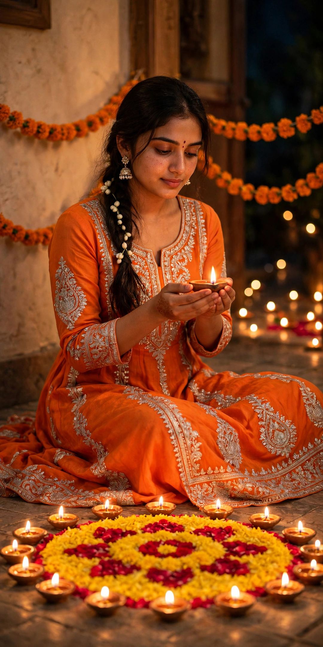 Result of Prompt 3 – orange Anarkali with rangoli