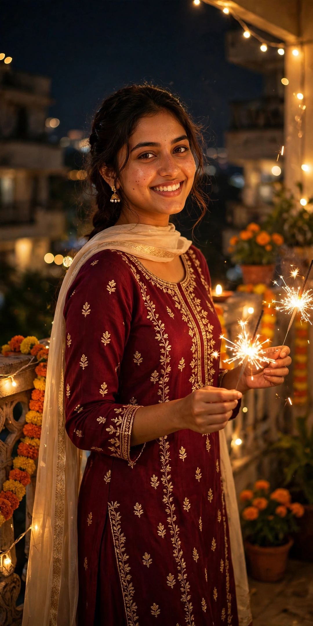 Result of Prompt 4 – balcony sparkler (phuljhadi) look