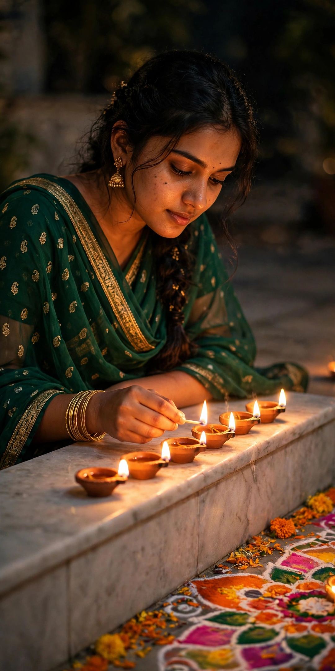 Result of Prompt 5 – emerald saree lighting diyas