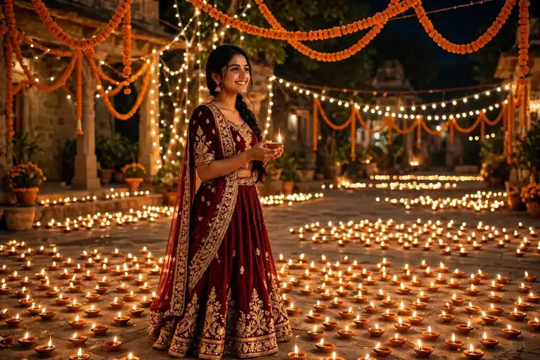 Girl in a traditional Diwali look with diyas – Diwali Gemini photo prompt example