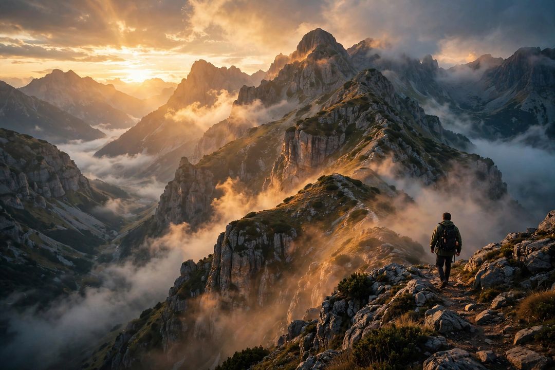 Cinematic AI video scene – traveller in golden mountain landscape made with Google Flow prompt