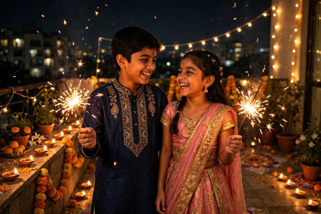 Siblings Diwali Sparklers — Gemini AI photo prompt result