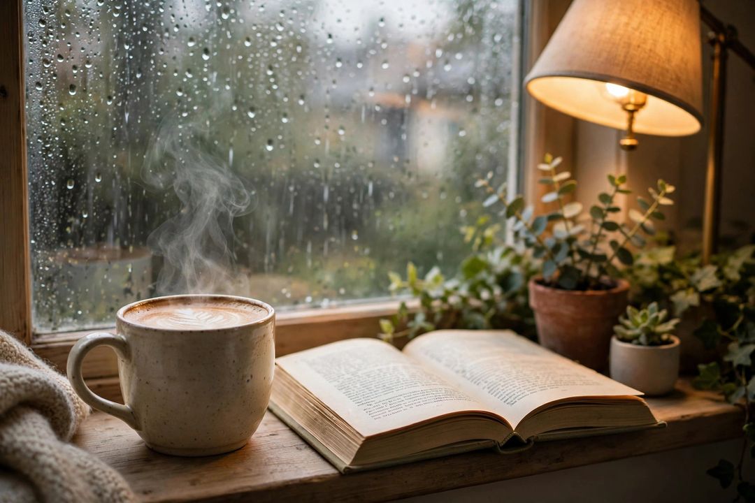 Coffee Book Rain Day — Gemini AI photo prompt result