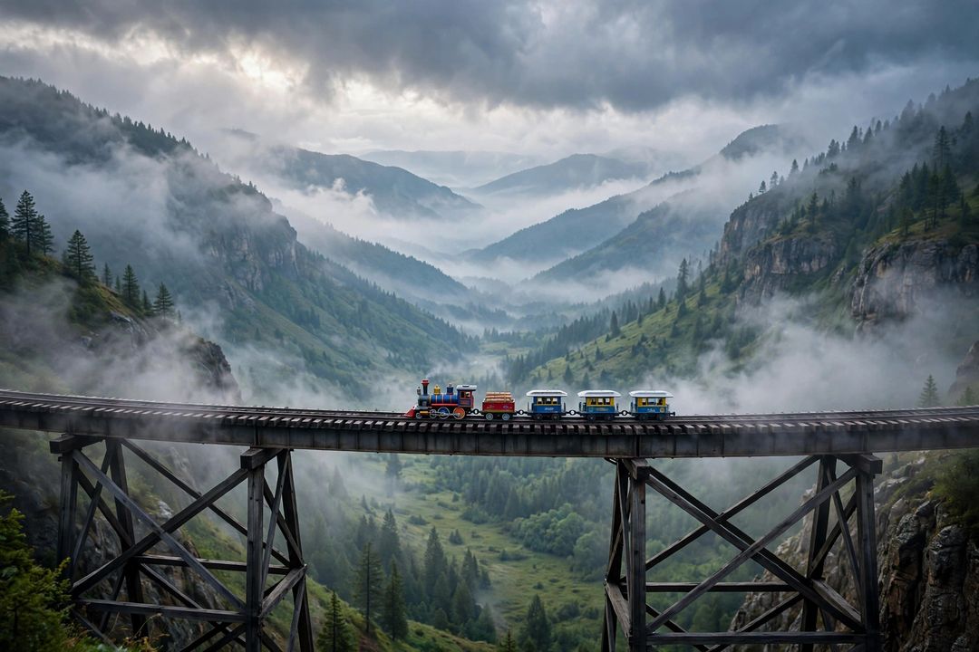 Mountain Train Mist — Gemini AI photo prompt result
