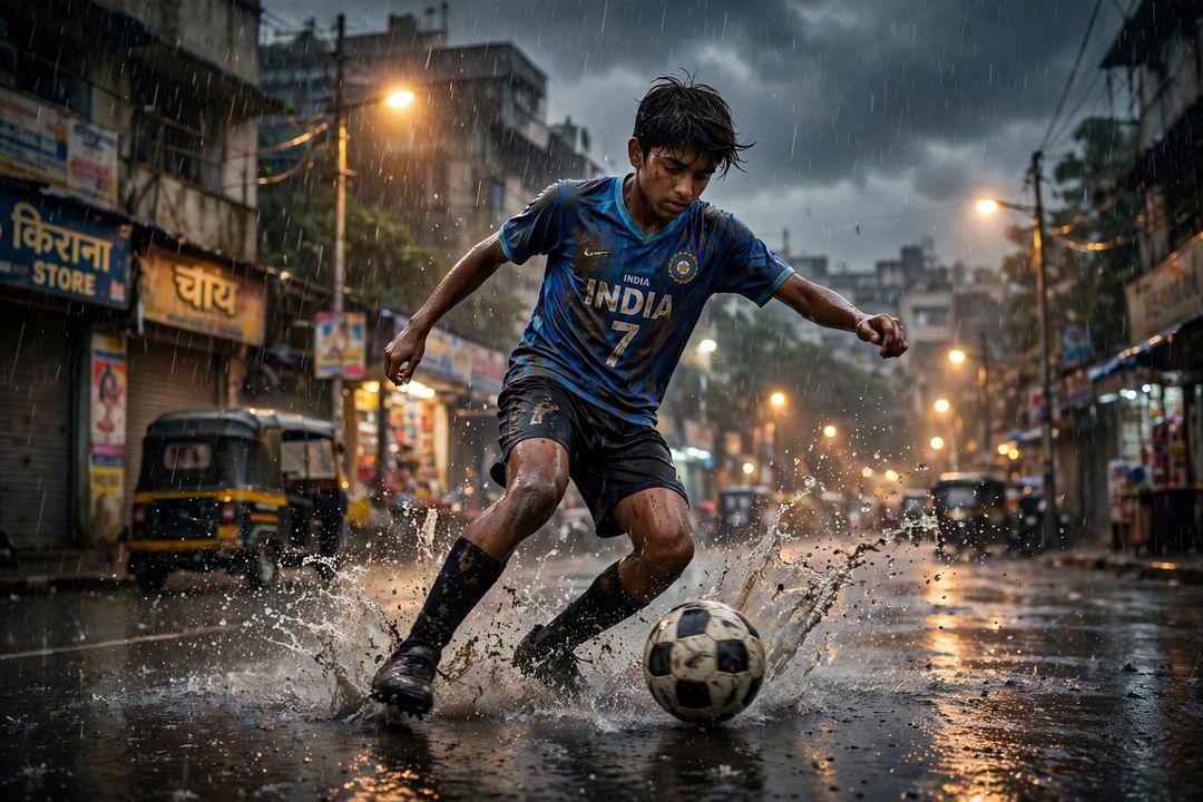 Street Football Boy Rain — Gemini AI photo prompt result