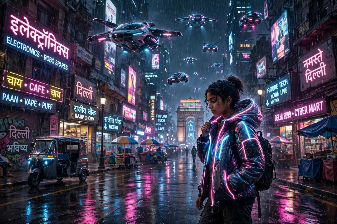 Neon Cyberpunk Delhi — Gemini AI photo prompt result