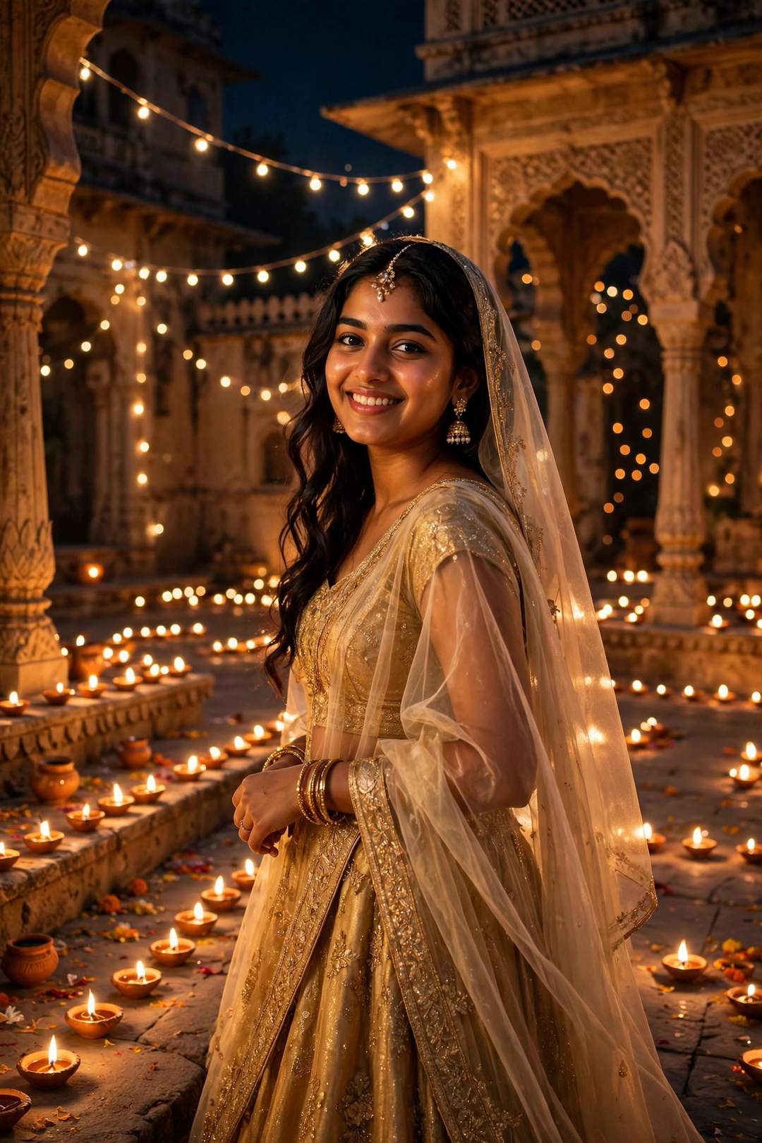 Girl golden lehenga diya night festive portrait ChatGPT edit
