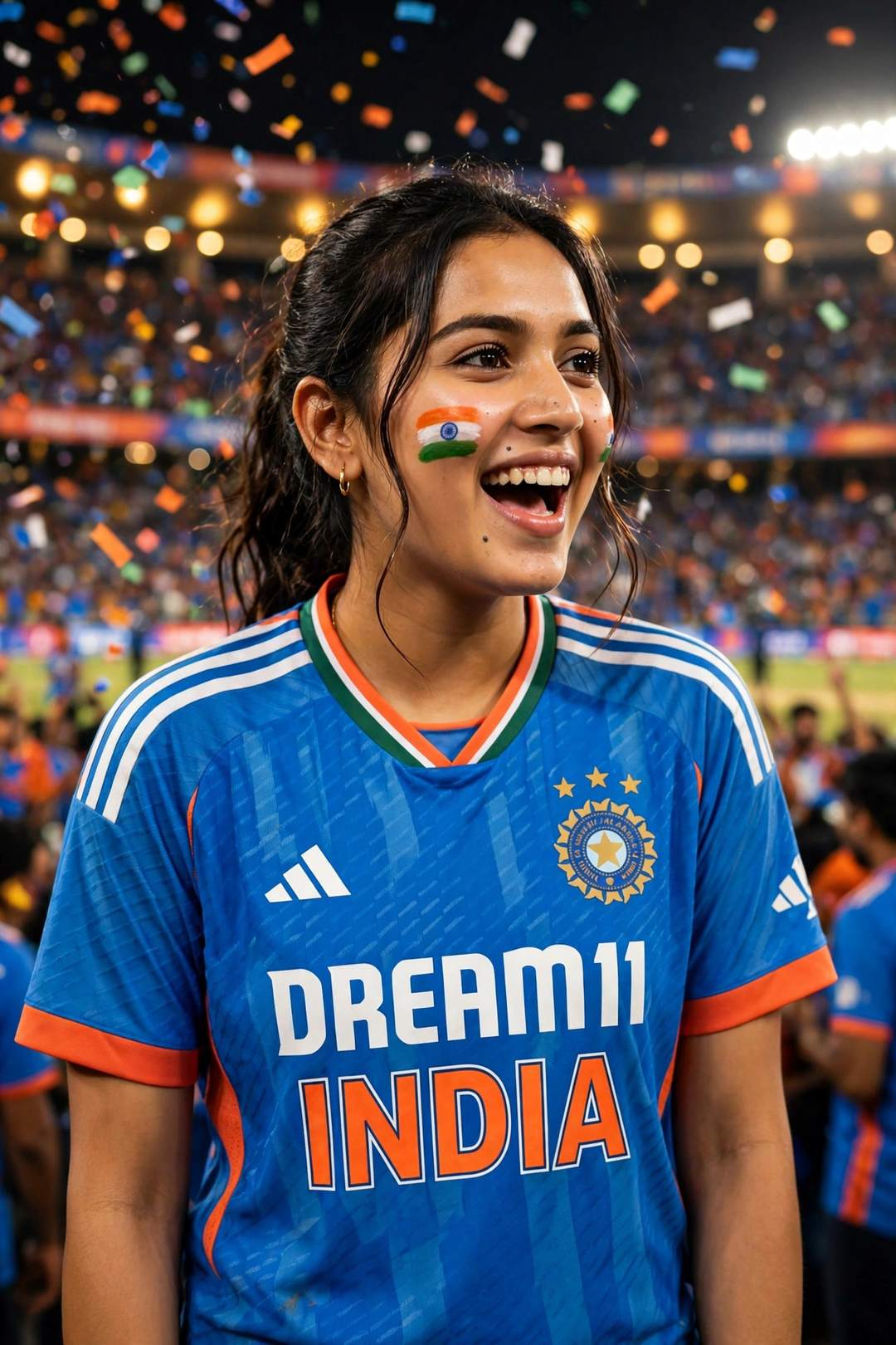 Girl cricket fan stadium Team India portrait ChatGPT photo edit
