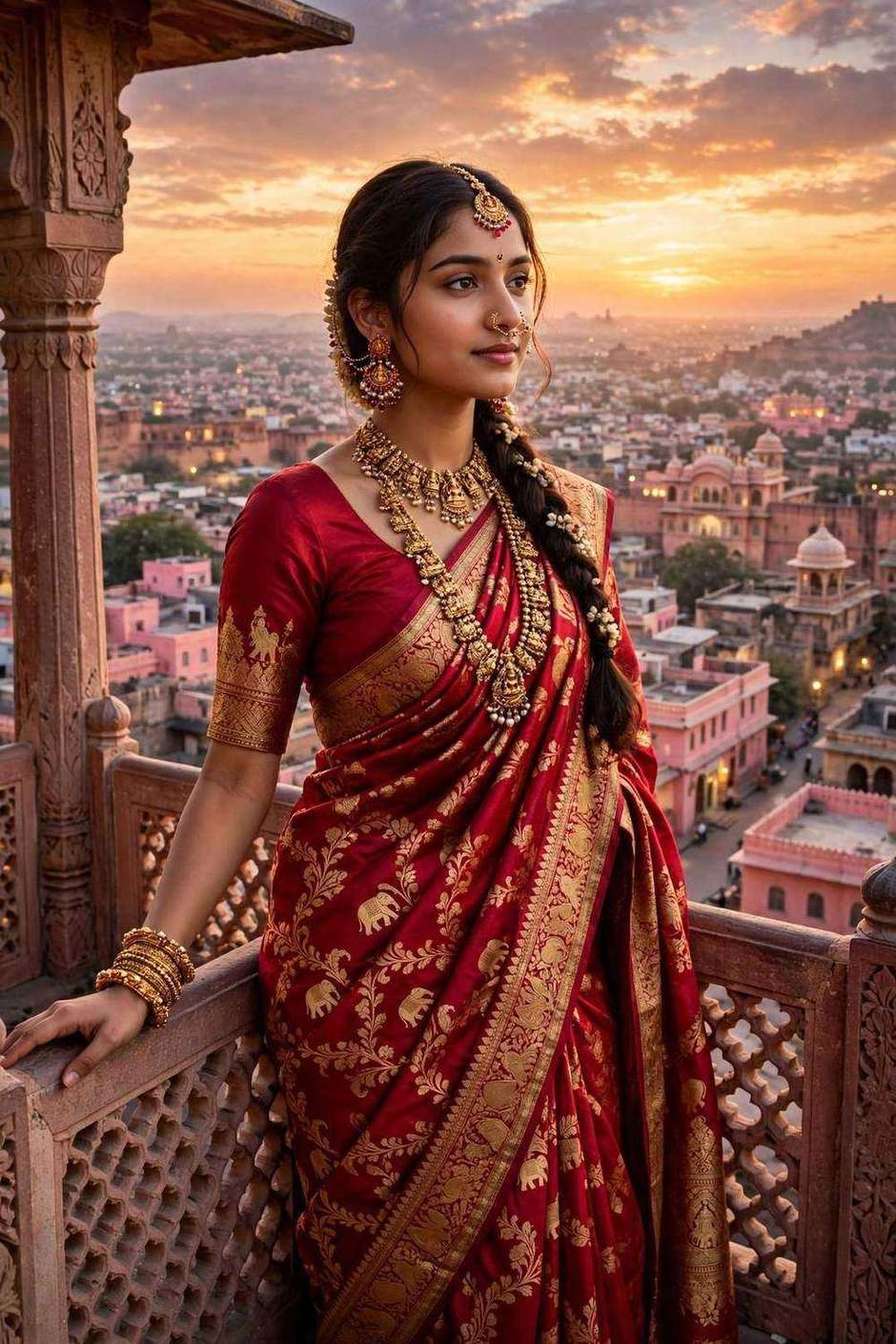 Girl crimson Banarasi saree fort sunset royal portrait ChatGPT prompt
