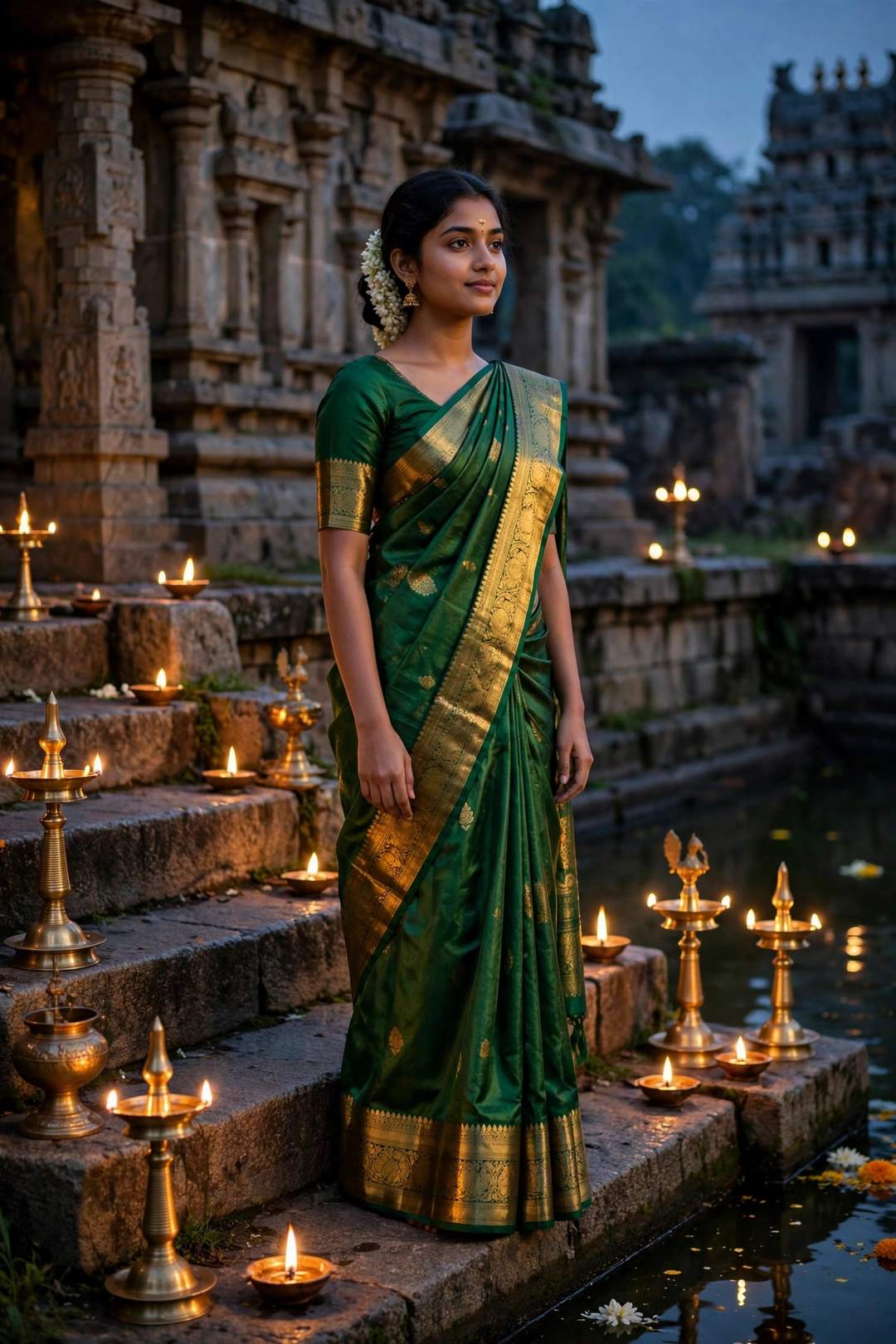 Girl emerald Kanjivaram saree temple tank dusk portrait photo edit