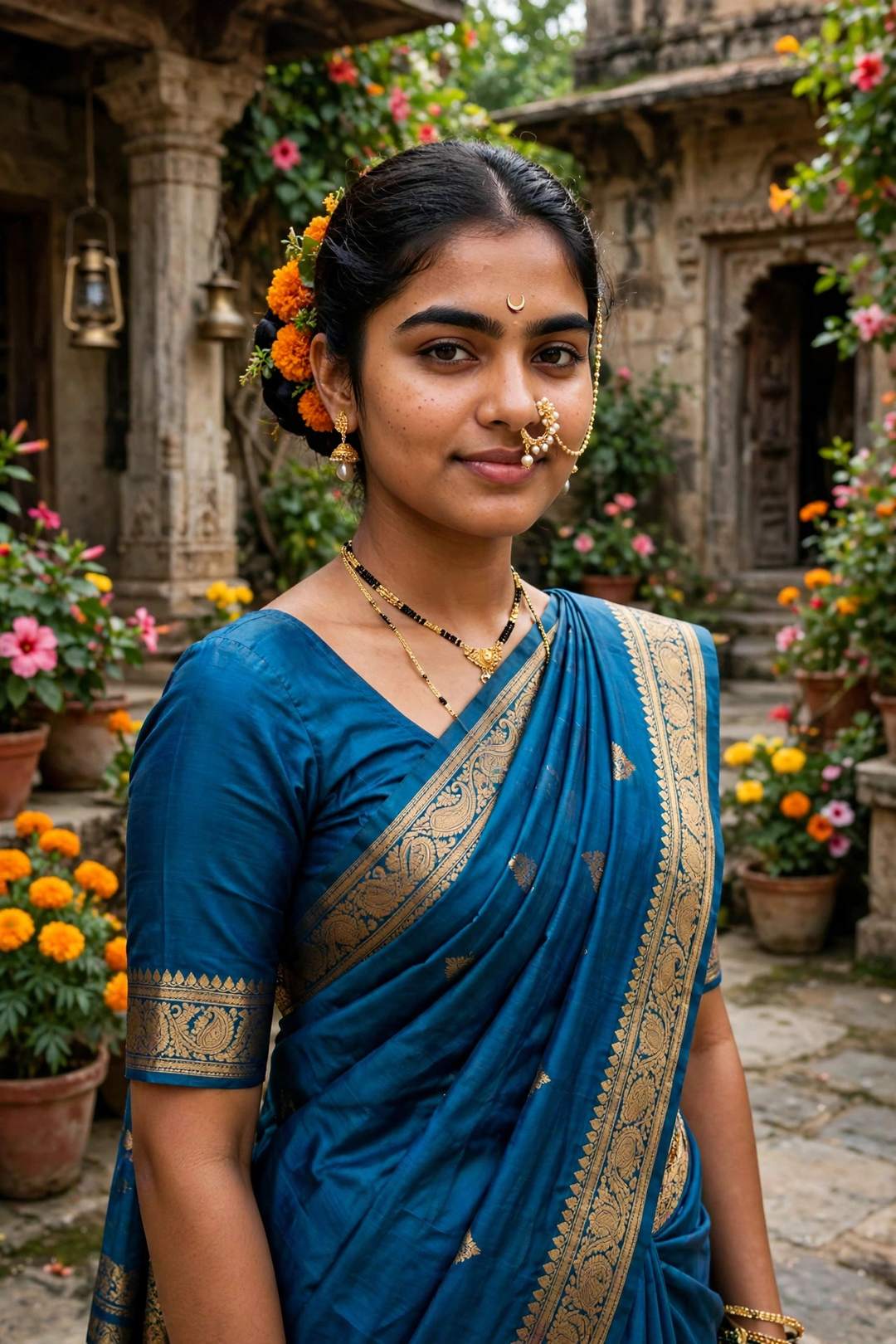 Girl peacock blue nauvari saree Maharashtrian portrait ChatGPT edit