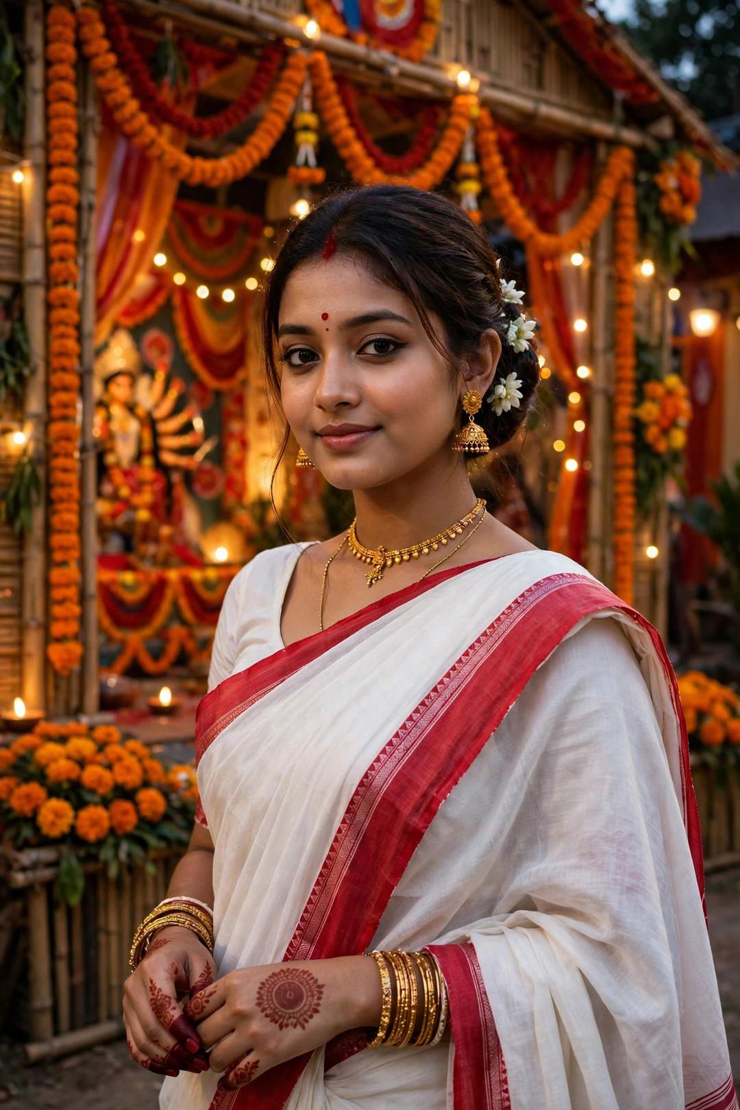 Girl Bengali laal paar white red saree Durga Puja portrait photo edit