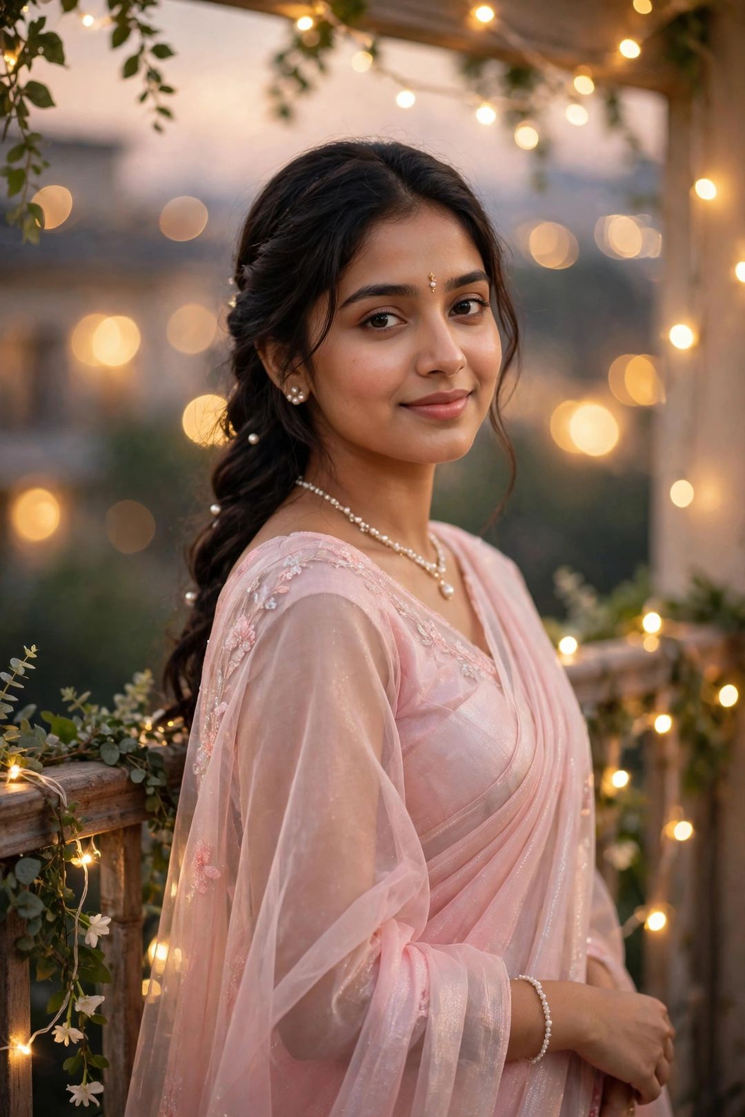 Girl pastel pink organza saree fairy lights balcony portrait ChatGPT