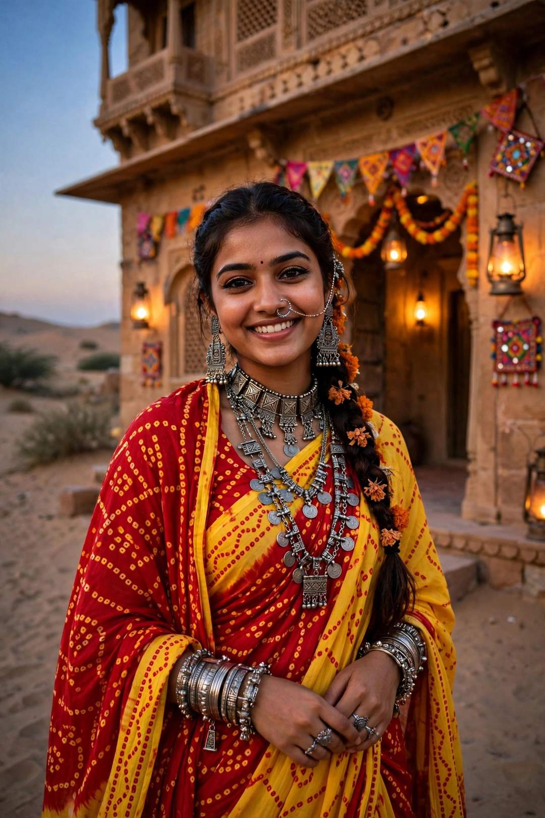 Girl Rajasthani bandhani saree desert haveli dusk portrait photo edit