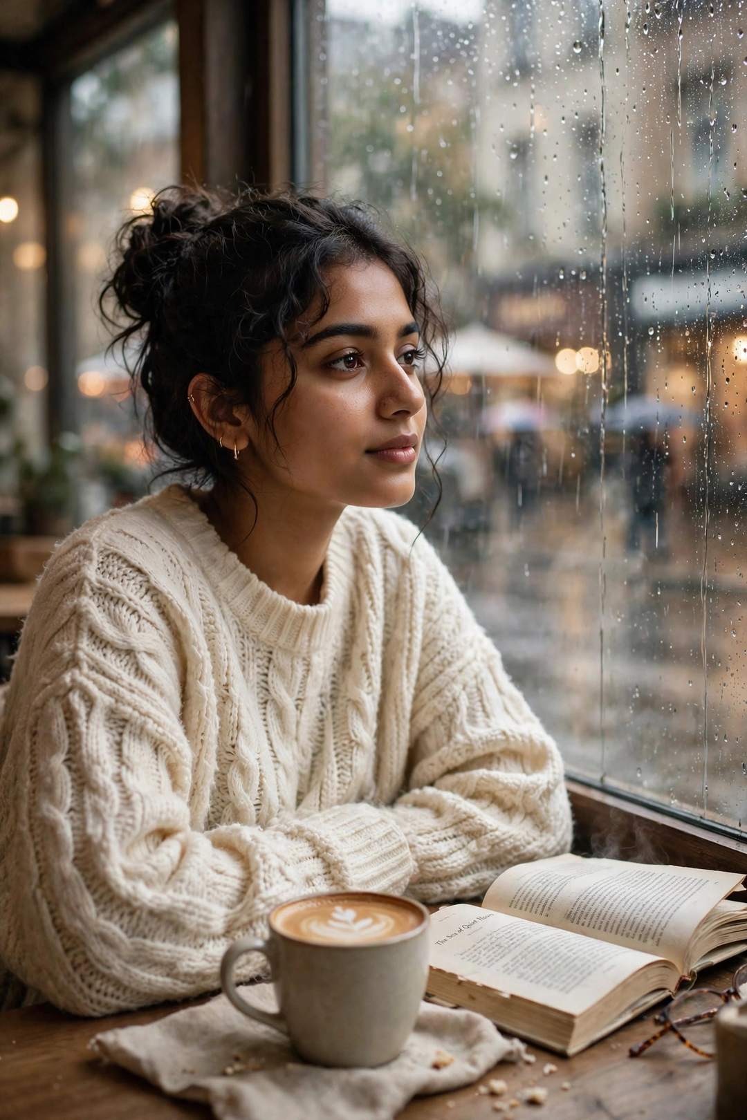 Girl rainy day cafe window portrait photo edit prompt