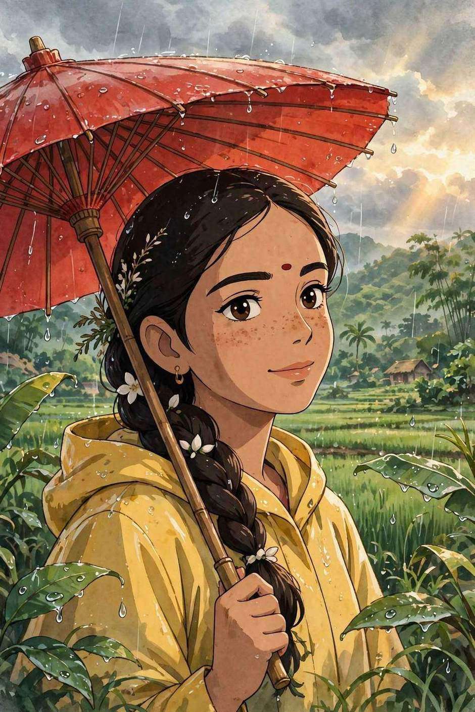 Ghibli anime style girl monsoon portrait ChatGPT photo edit