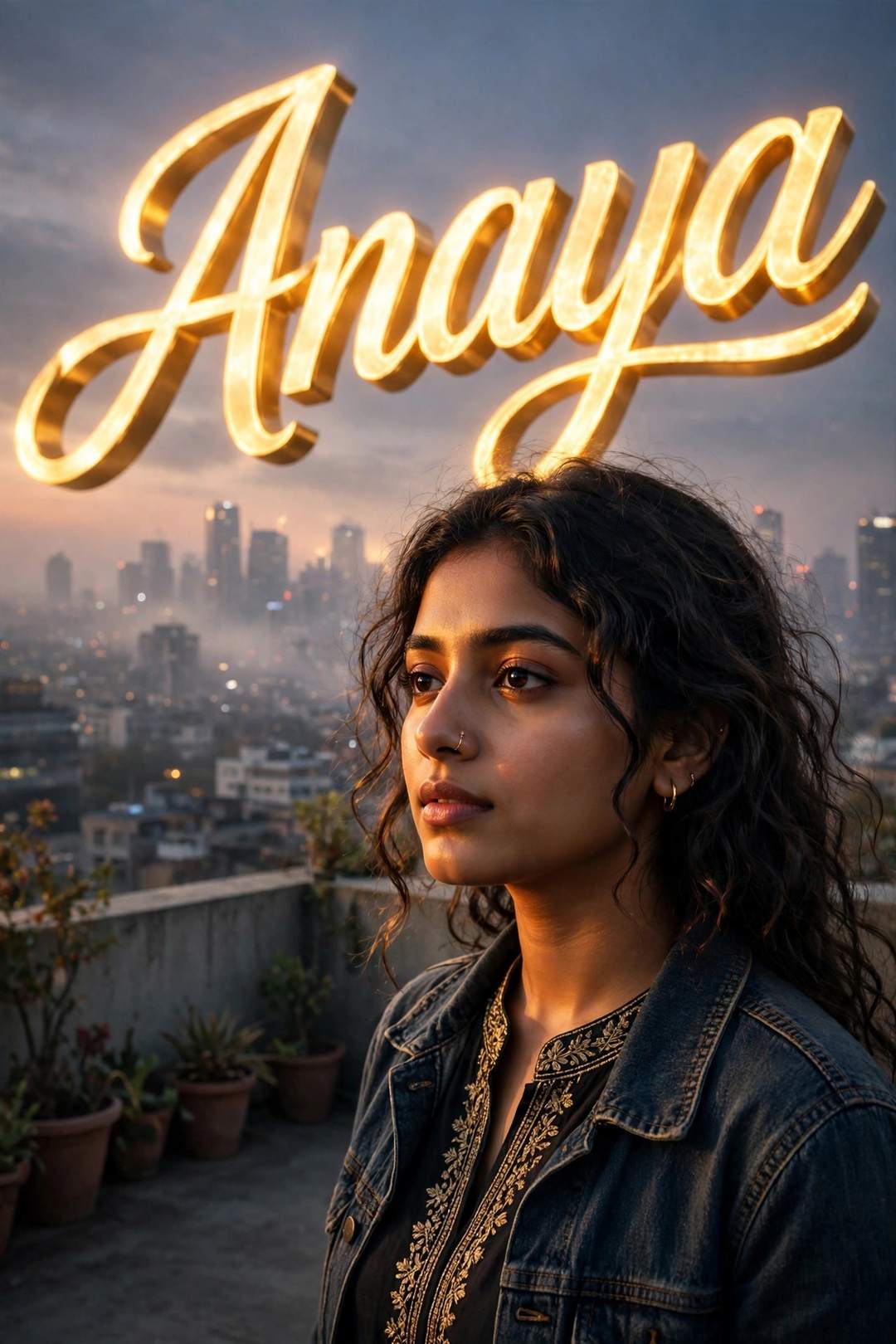Girl glowing golden name text rooftop portrait ChatGPT photo edit