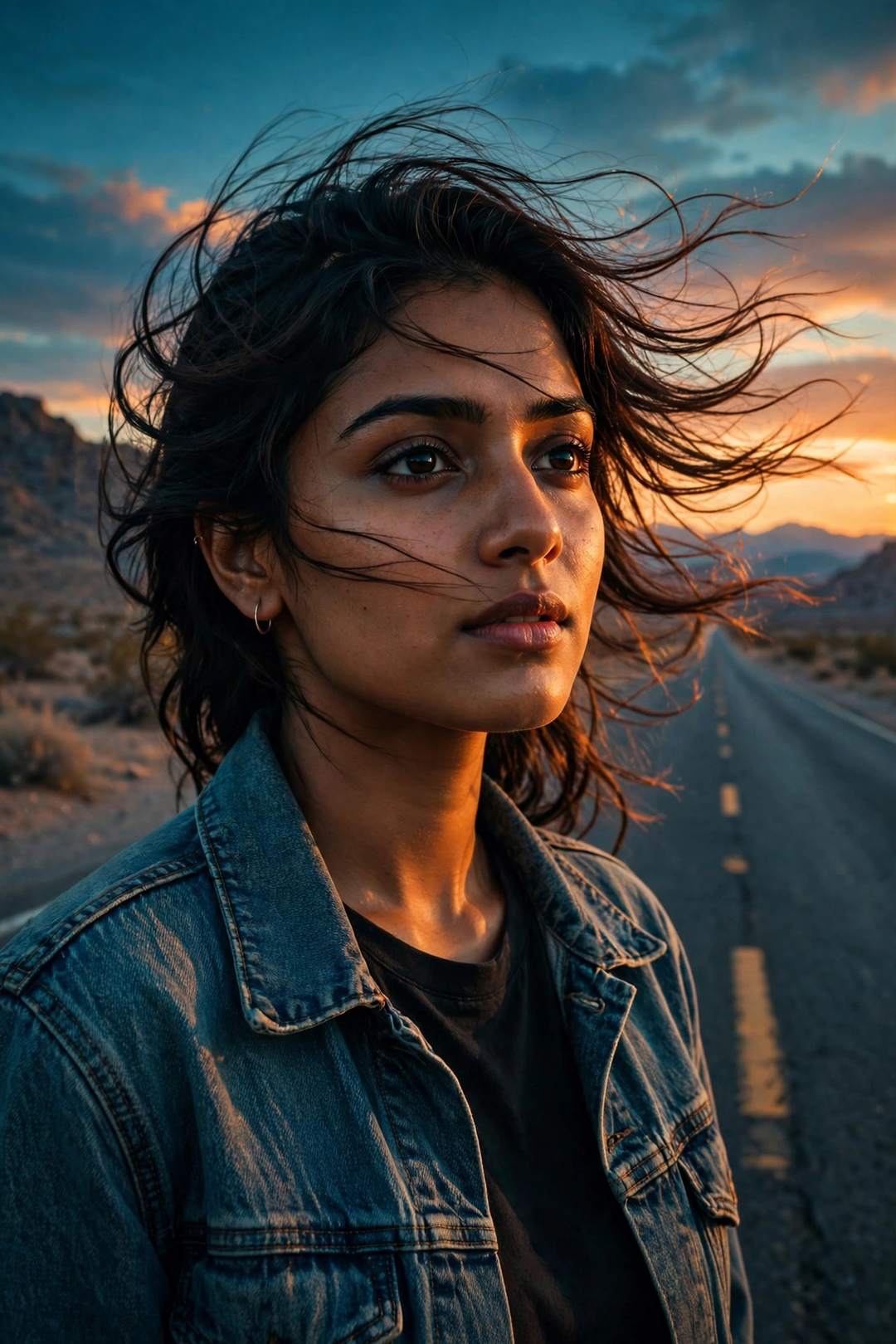 Girl teal orange desert road cinematic photo edit ChatGPT prompt