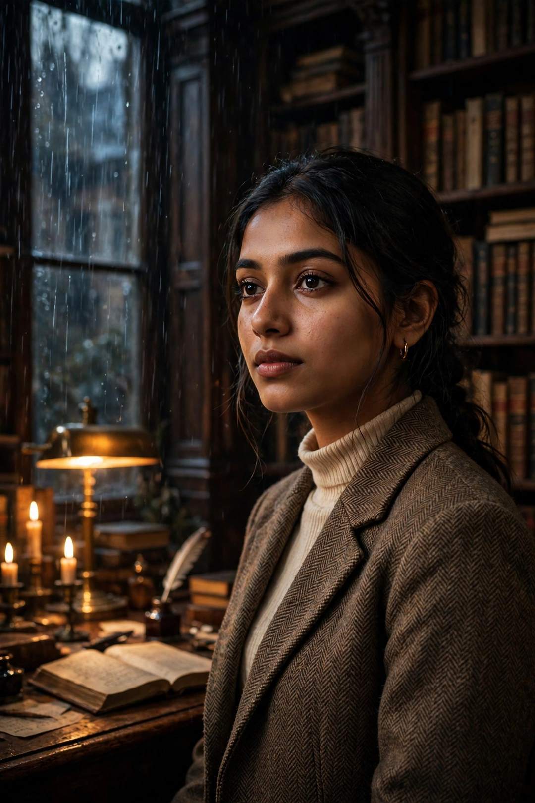 Girl dark academia library portrait photo editing prompt