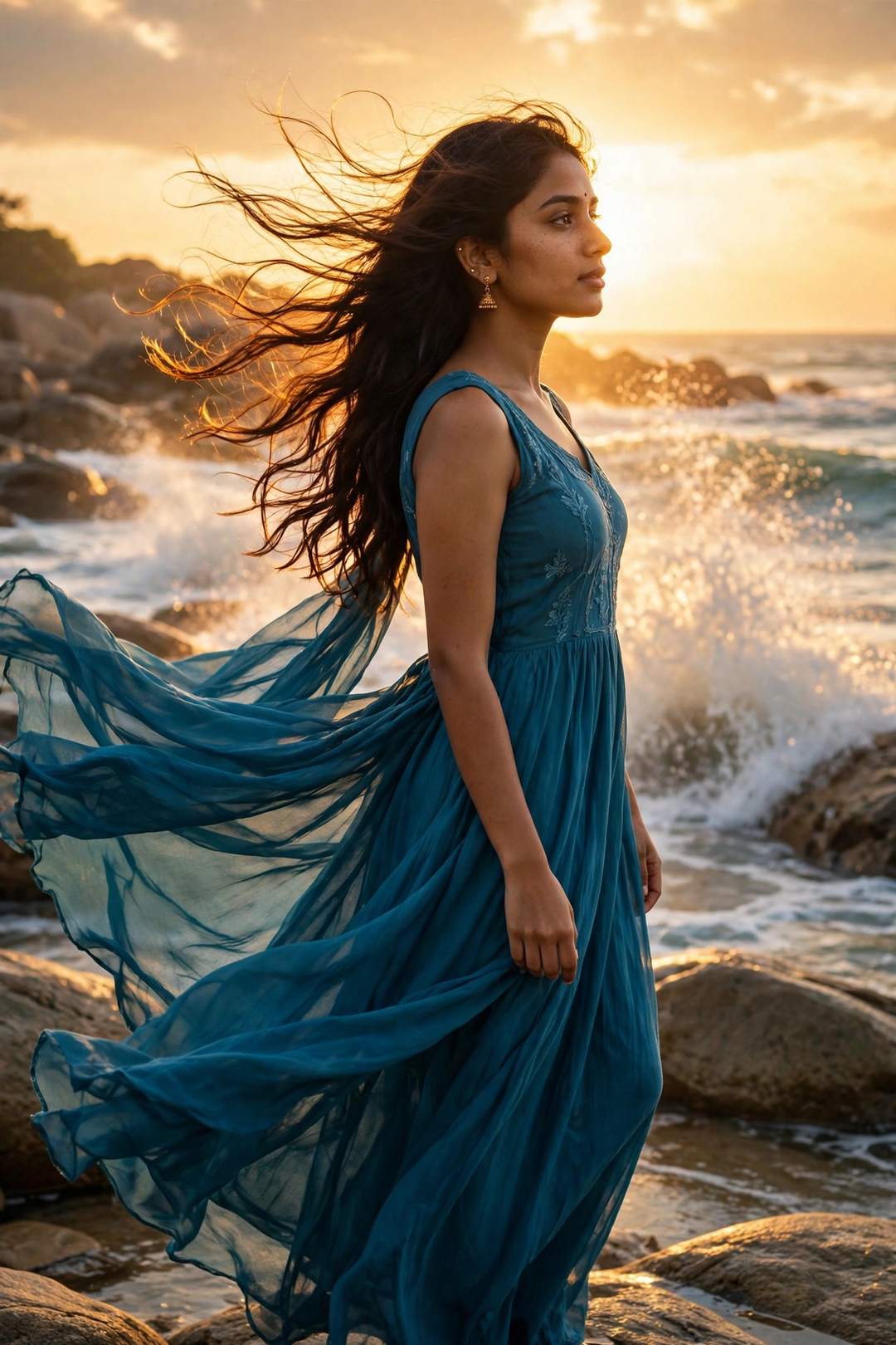 Girl teal maxi dress beach rocks portrait ChatGPT photo edit