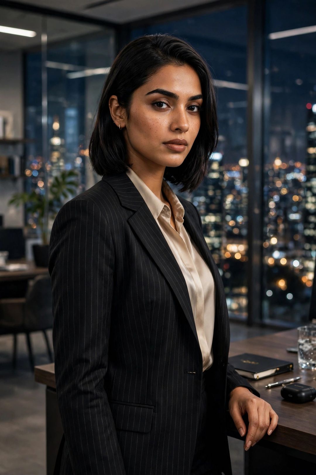 Girl black pinstripe power suit office portrait photo editing prompt