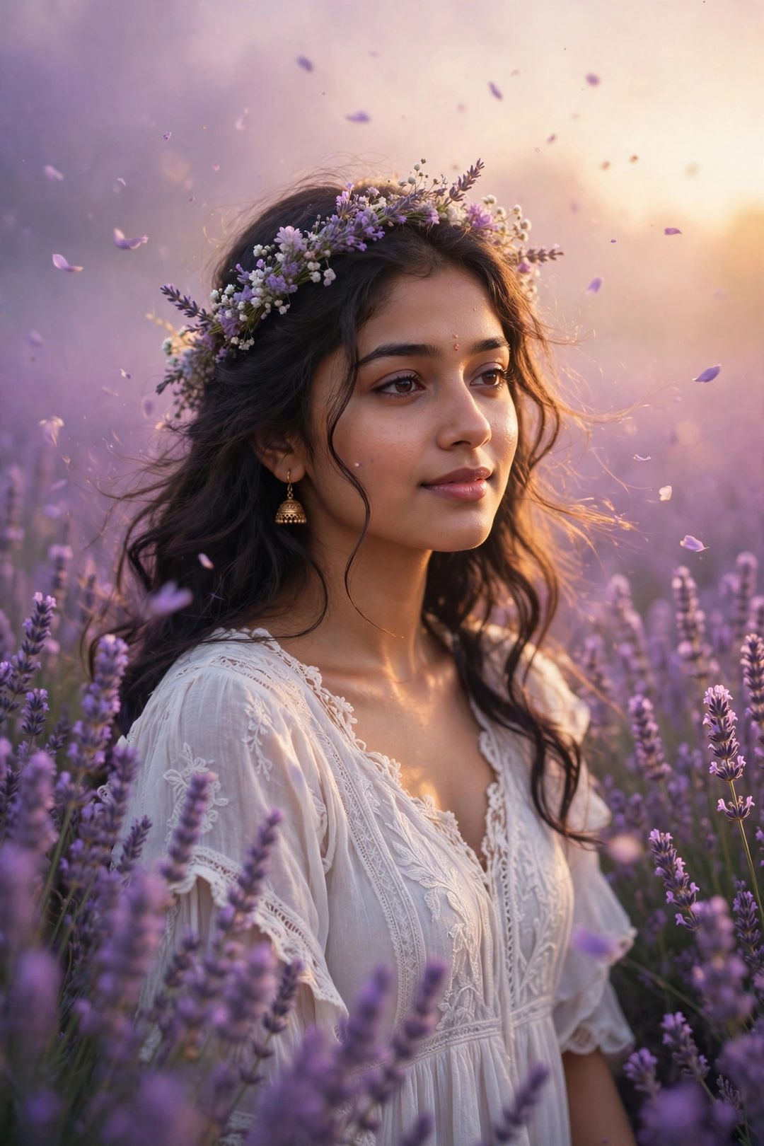 Girl lavender field golden hour portrait ChatGPT edit