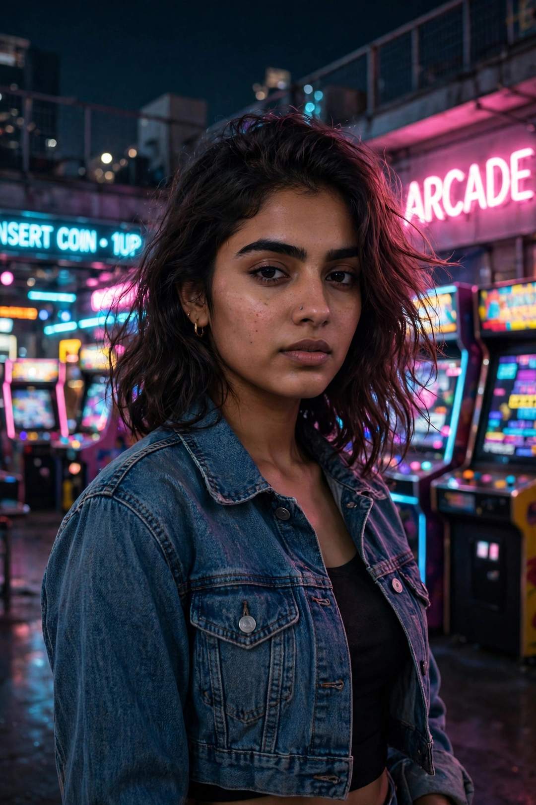 Girl neon arcade rooftop night portrait photo editing prompt