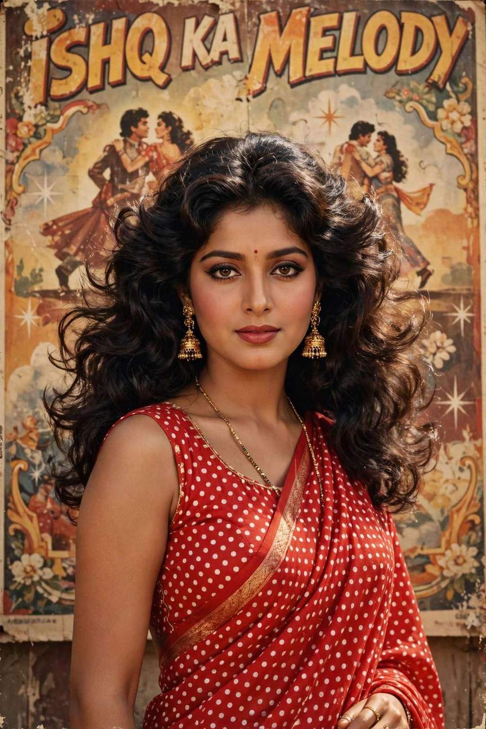 Girl retro 1980s Bollywood diva portrait photo editing prompt