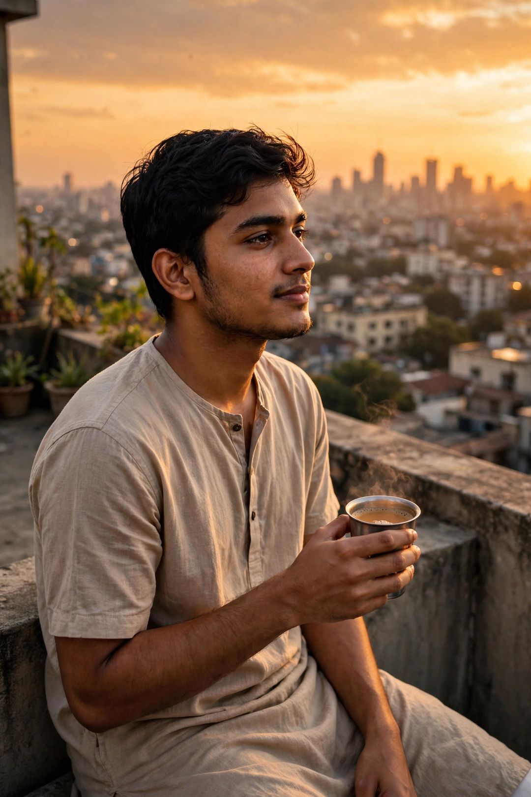 Boy sunset rooftop chai look Gemini prompt