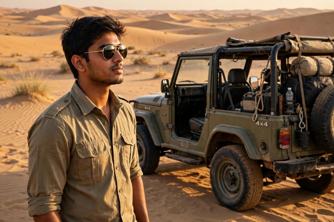 Boy desert safari jeep look Gemini prompt
