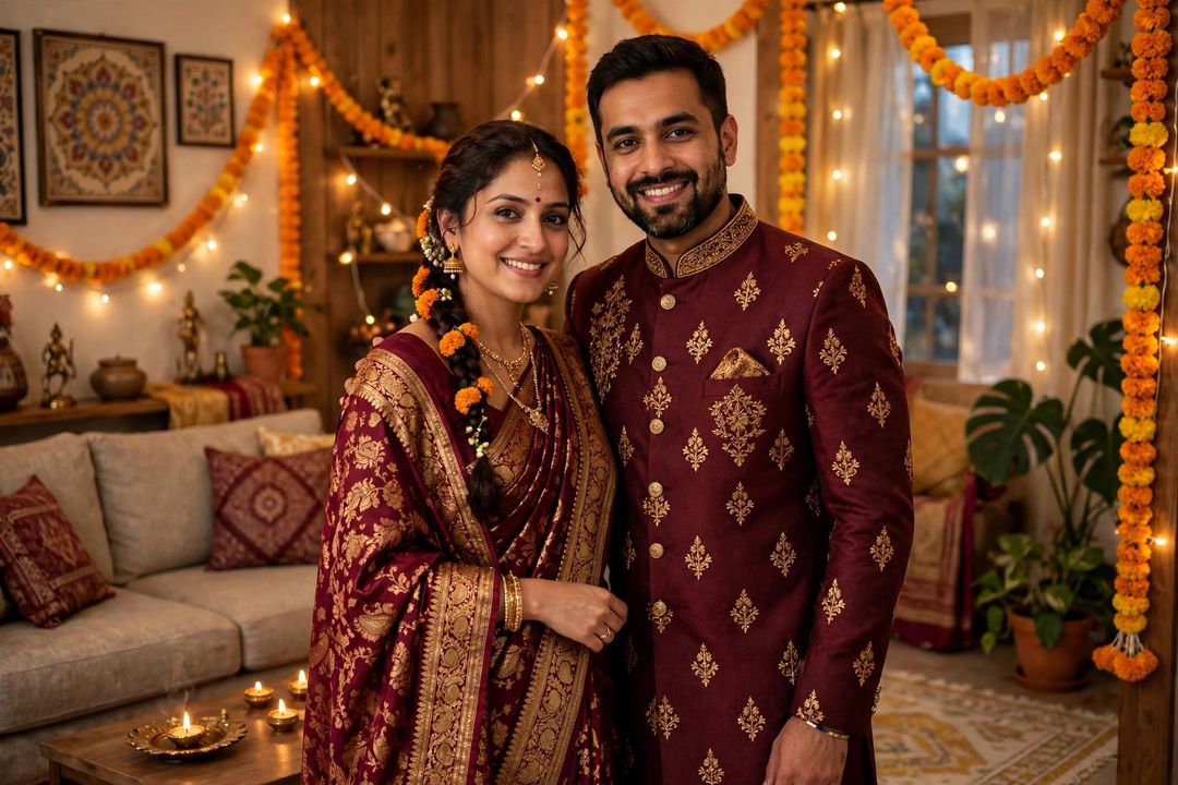 Couple matching festive traditional look Gemini prompt