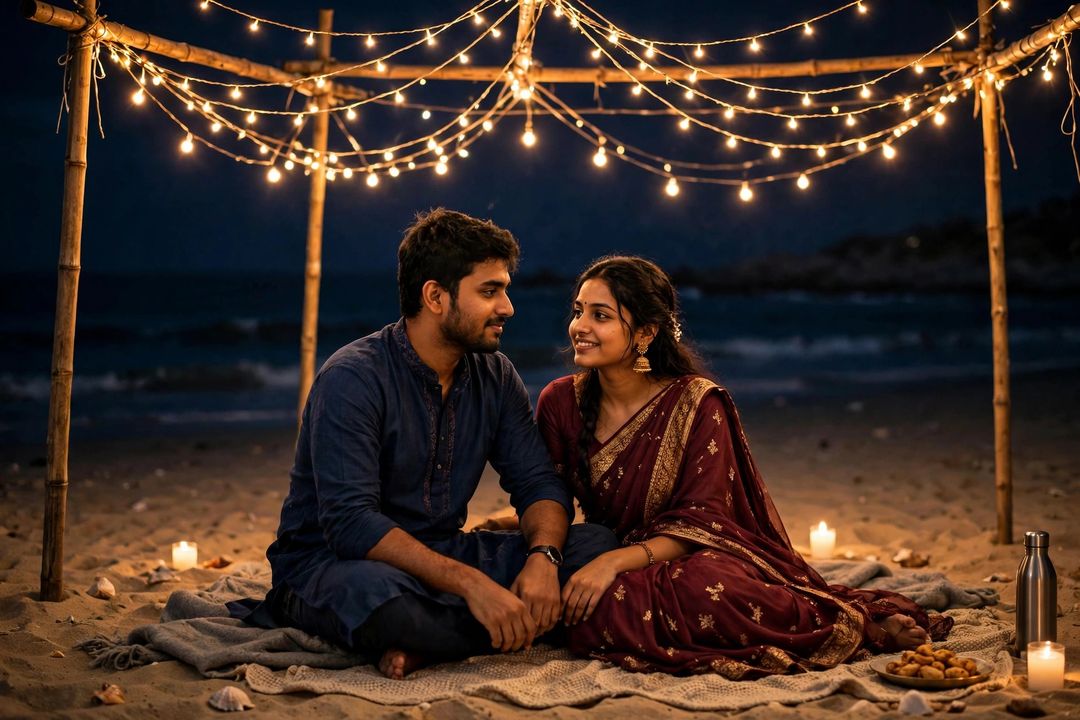 Couple beach night fairy lights Gemini photo edit