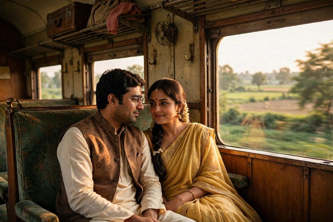 Couple retro train journey look Gemini photo edit