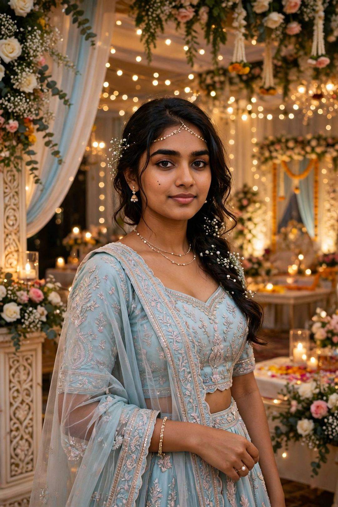 Girl lehenga wedding guest look Gemini photo editing prompt