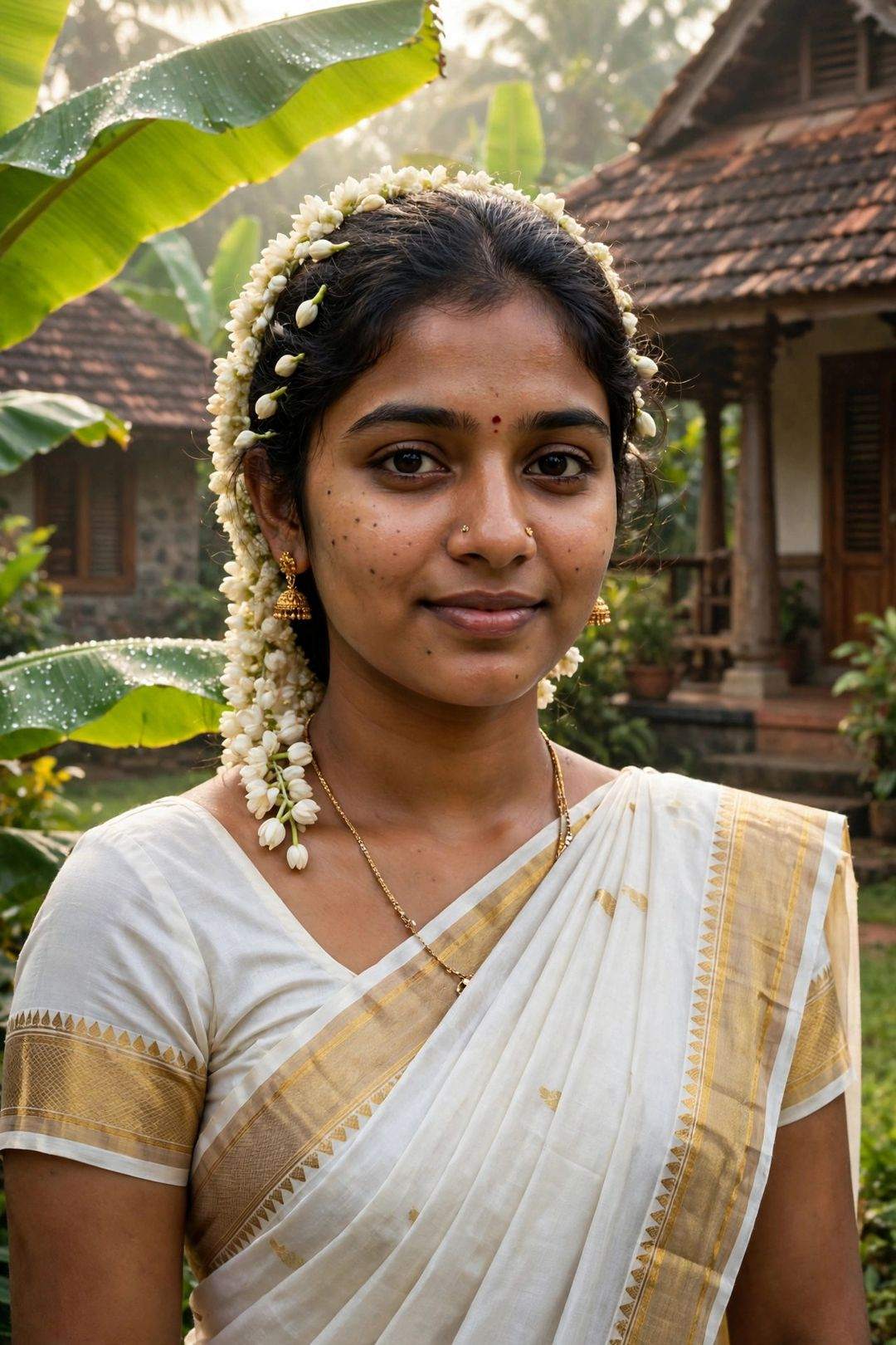 Girl Kerala kasavu saree look Gemini prompt