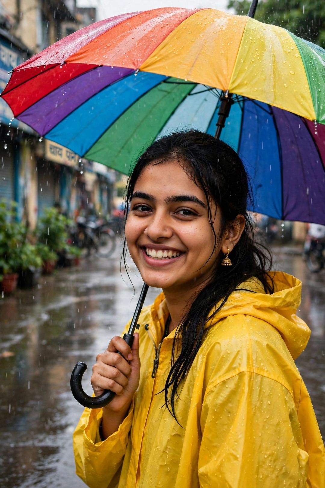 Girl colourful umbrella rain look Gemini prompt