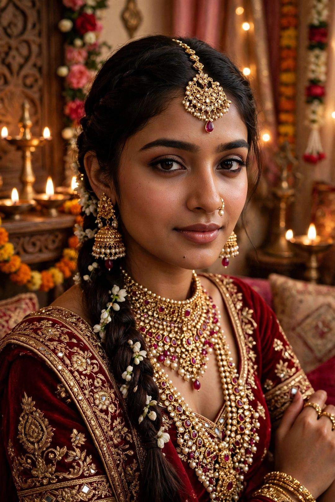 Girl bridal gold jewellery look Gemini photo editing prompt
