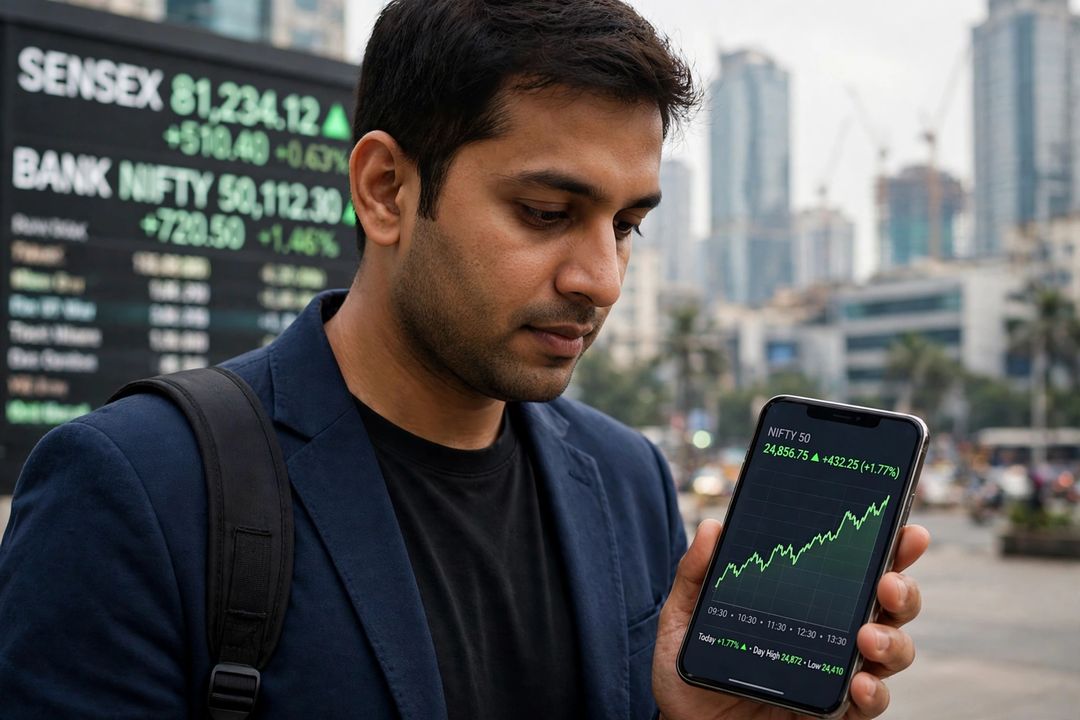 Checking a rising stock chart on a phone – Jio IPO listing day (illustrative image)