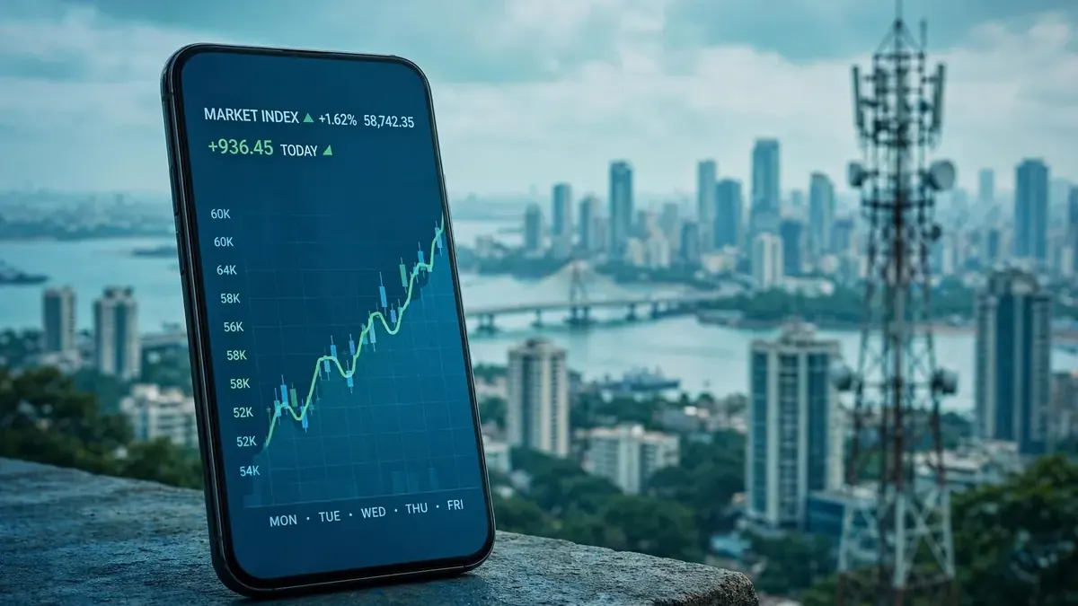 Jio Platforms IPO listing – stock market chart on phone with Mumbai skyline (illustrative image)