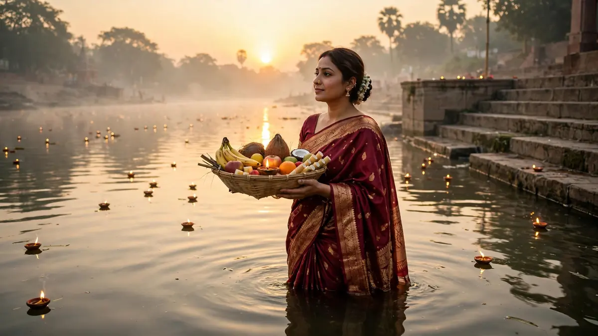 Chhath Puja Gemini AI photo prompt example devotee offering arghya at sunrise