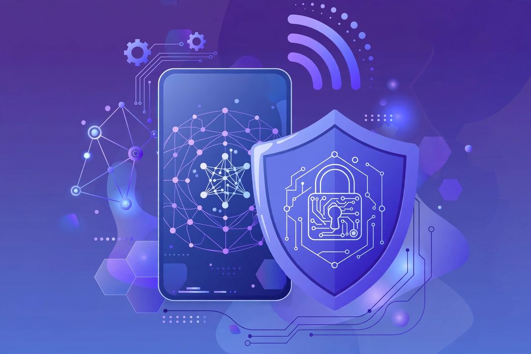 AI governance in telecom — smartphone with shield and network illustration