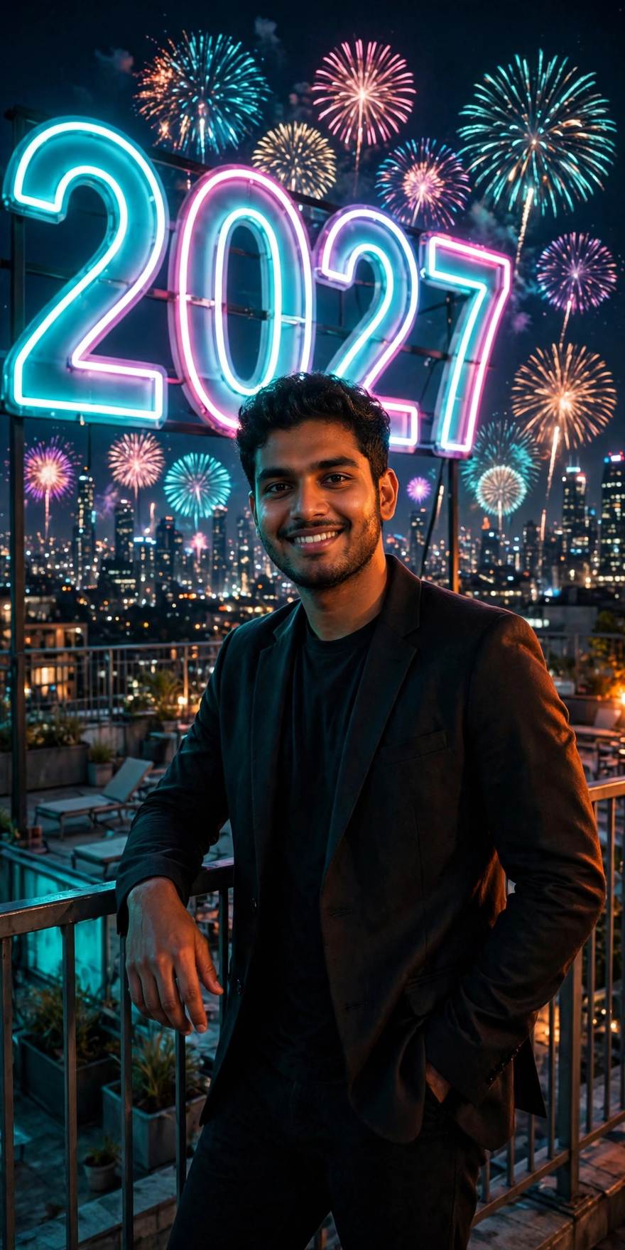 Boy in black blazer with neon 2027 sign and fireworks – New Year Gemini ChatGPT photo prompt example