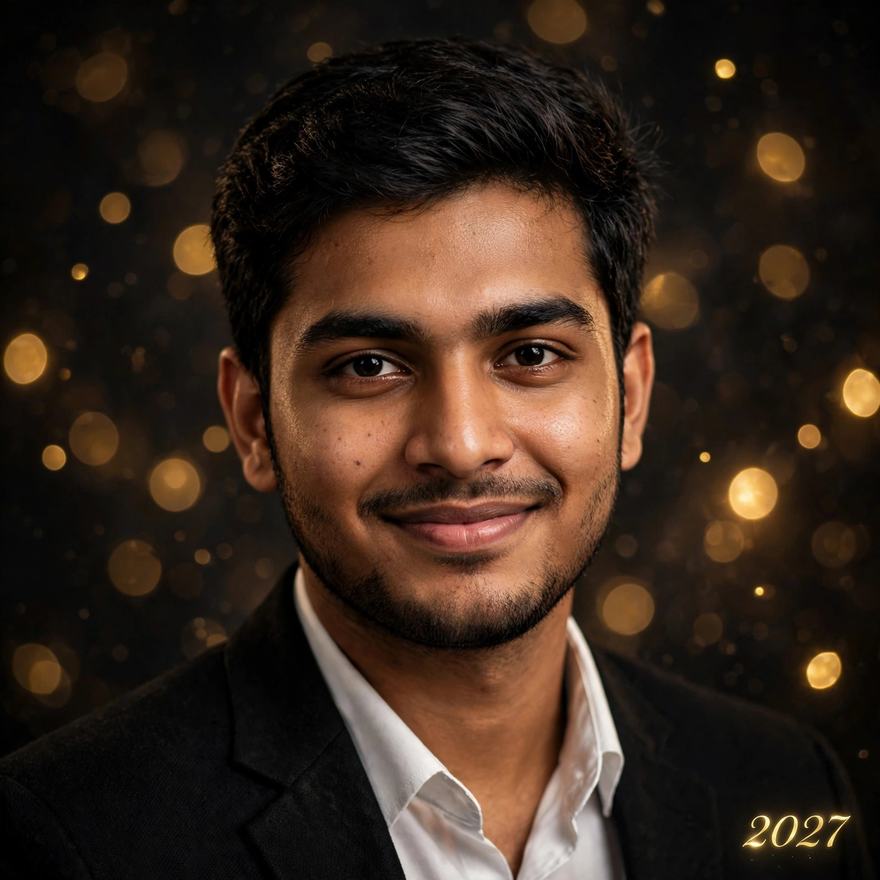 Close-up studio portrait in black blazer with golden bokeh and 2027 glow – New Year Gemini ChatGPT DP photo prompt example