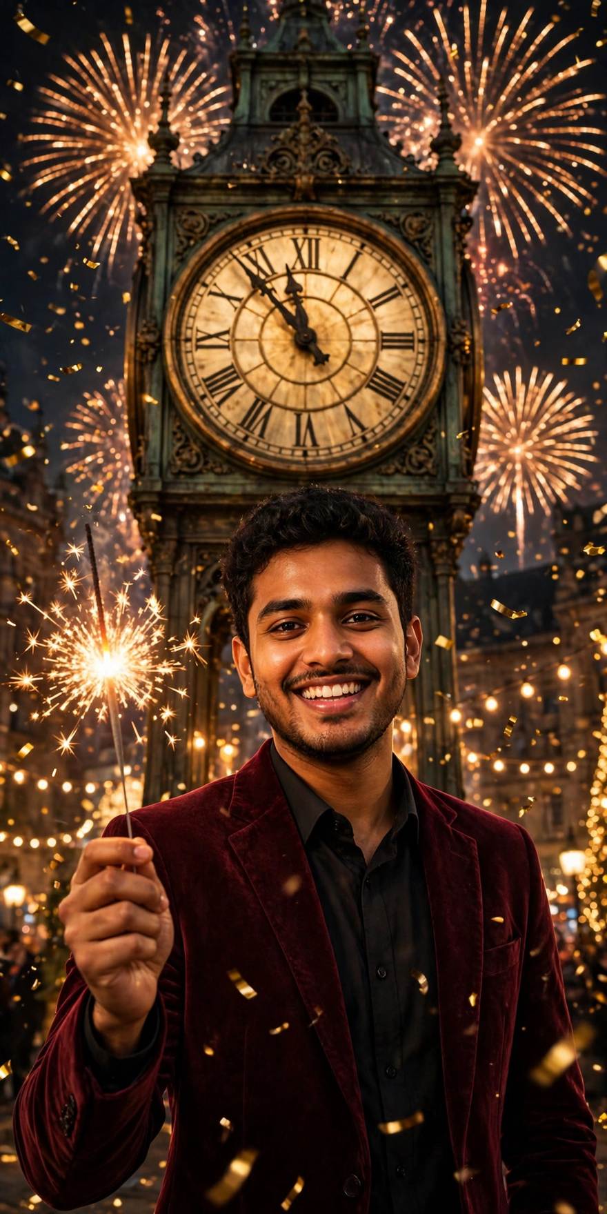 Man in maroon velvet blazer with a sparkler before a giant clock at five minutes to midnight – New Year Gemini ChatGPT photo prompt example
