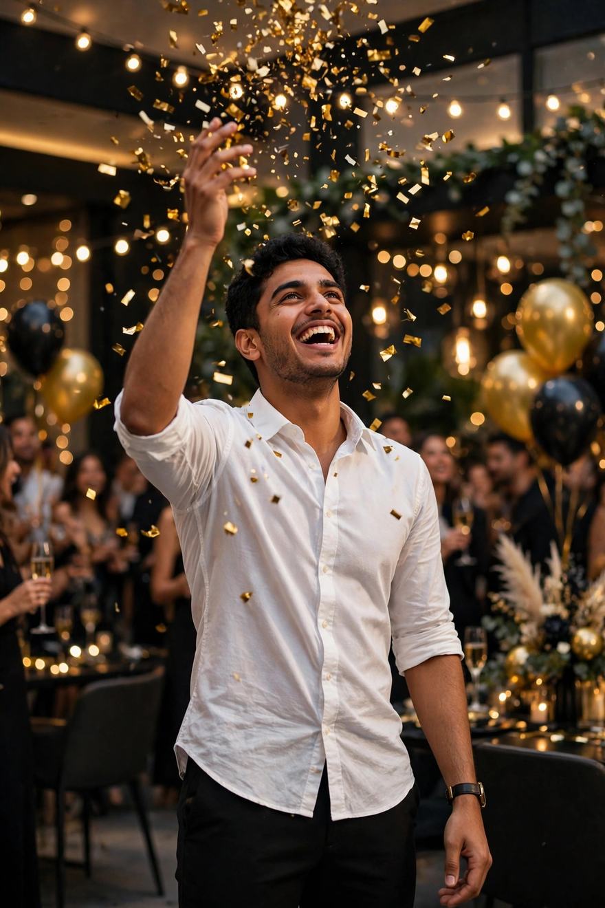 Man in white shirt tossing golden confetti at a luxury New Year party – New Year Gemini ChatGPT photo prompt example