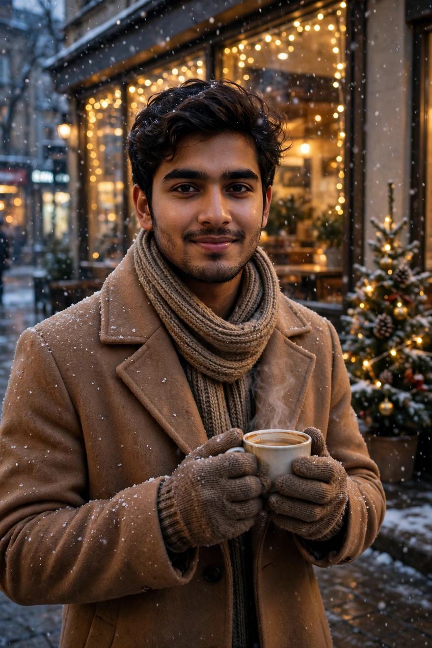 Man in camel overcoat holding coffee outside a café on a snowy evening – New Year Gemini ChatGPT photo prompt example