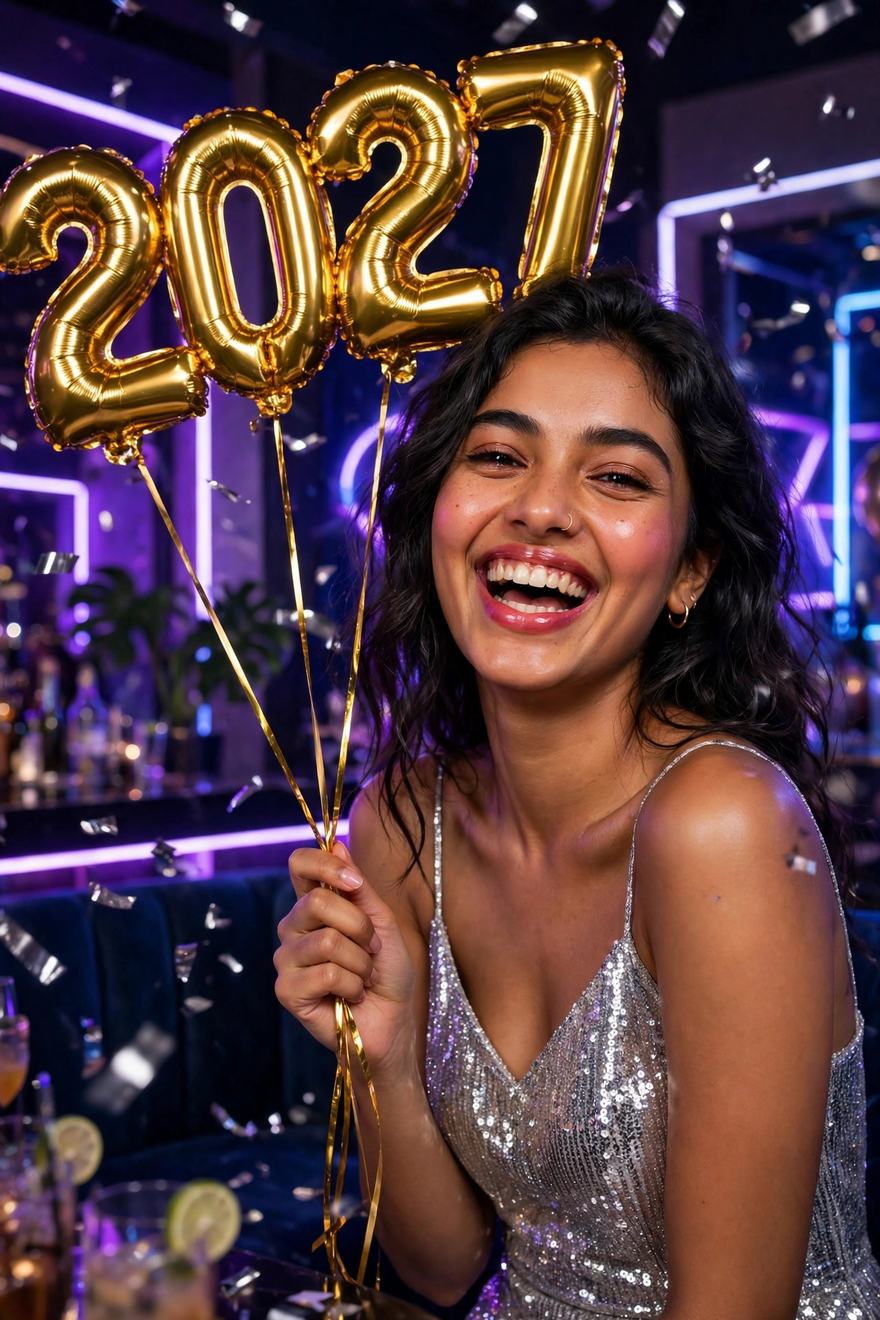 Woman in silver sequin dress holding golden 2027 balloons at a neon party – New Year Gemini ChatGPT photo prompt example