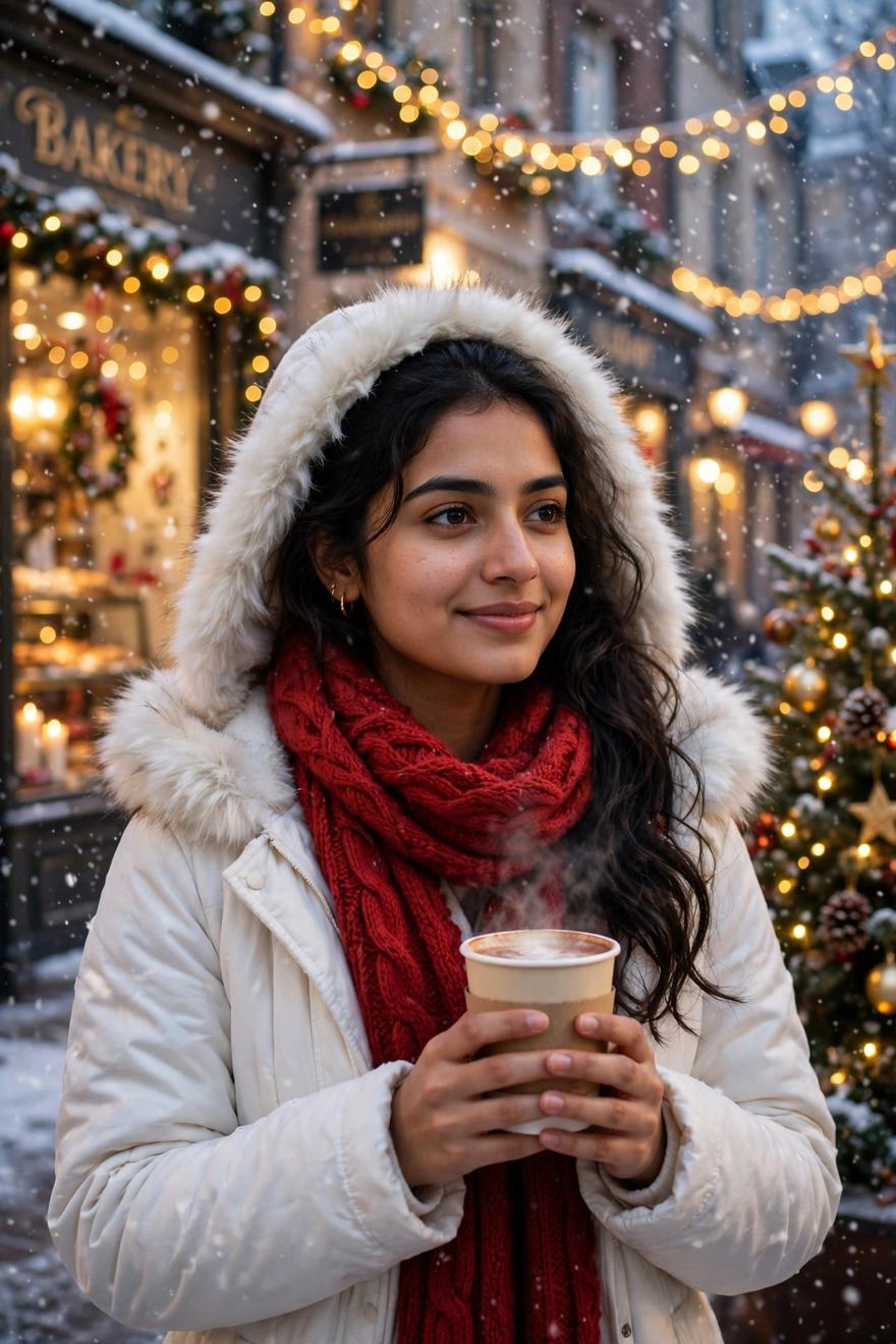 Woman in white winter coat with red scarf on a snowy street with fairy lights – New Year Gemini ChatGPT photo prompt example